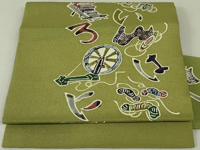 平和屋着物●九寸名古屋帯　型染め　いろは歌　鬼しぼ縮緬　正絹　逸品　DAAT0327ob