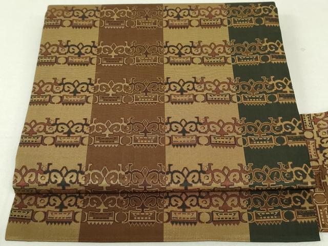 平和屋着物▼九寸名古屋帯　獅噛文長斑錦柄　正絹　逸品　未使用　DAAT0334ob