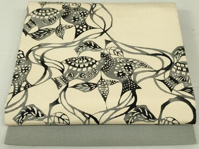 平和屋着物●九寸開き名古屋帯　型染め　花鳥文　鬼しぼ縮緬　正絹　逸品　DAAT0341ob