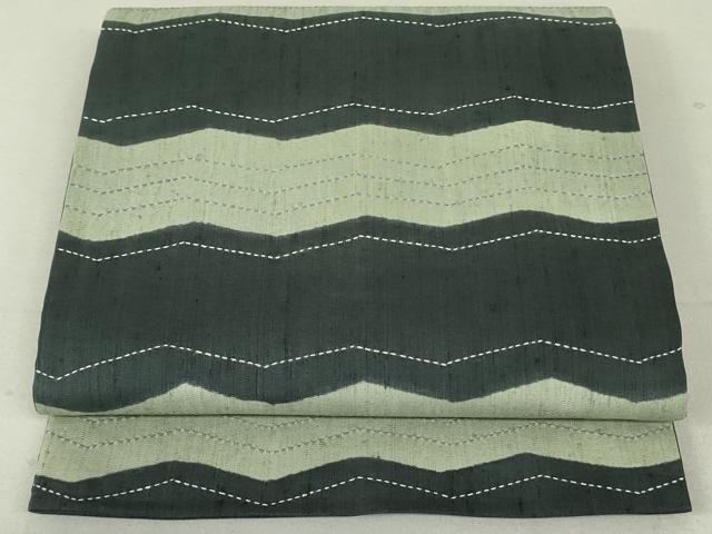 平和屋着物●六通柄袋帯　紬地　刺繍　刺し子　横段文　正絹　逸品　DAAT0365ob