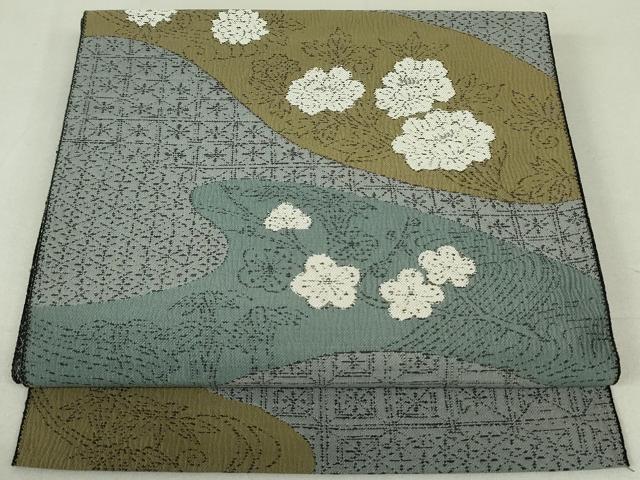 平和屋着物●八寸名古屋帯　流水草花文　正絹　逸品　DAAT0379ob