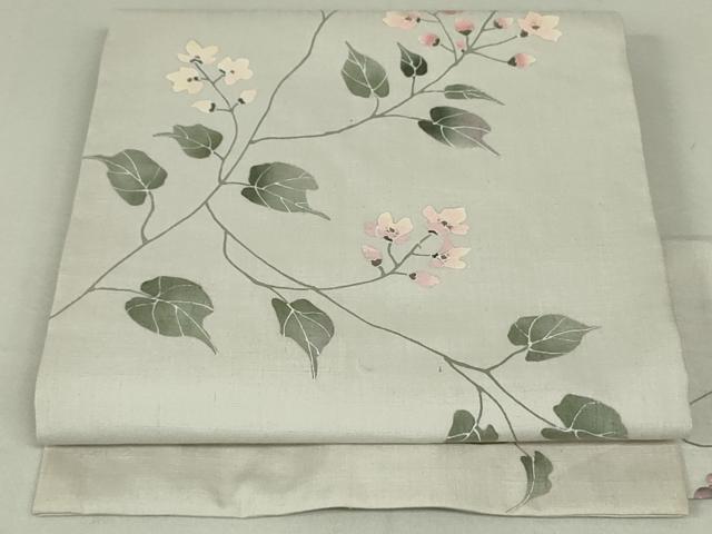 平和屋着物●手描染　安藤松岳　九寸名古屋帯　紬地　枝花文　正絹　逸品　DAAT0417ob