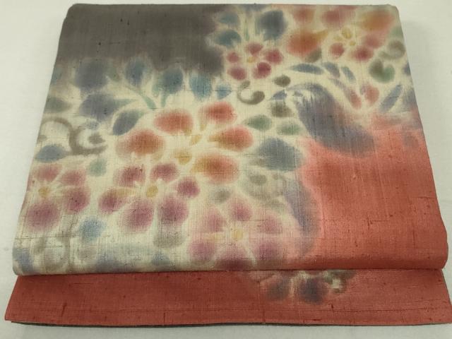 平和屋着物●超希少　内田陽一郎　夾纈　太鼓柄袋帯　紬地　花唐草文　正絹　逸品　DAAT0426ob