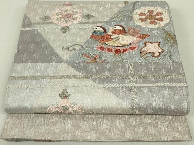 平和屋着物●太鼓柄袋帯　総刺繍　櫛織　鴛鴦花文　金銀糸　正絹　逸品　DAAT0432ob