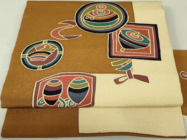 正絹 ちりめん 黄朽葉色 野菜柄 名古屋帯 単品M A1198-12 ファッション 正絹 ちりめん 黄朽葉色 野菜柄 名古屋帯 単品M