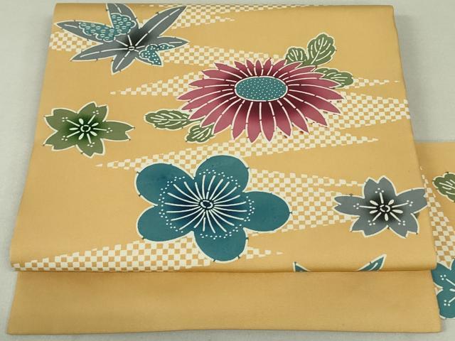 平和屋着物●塩瀬　全通柄九寸名古屋帯　型染　草花文　正絹　逸品　DAAT0464ob