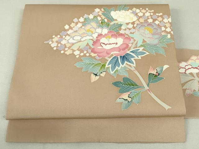 平和屋着物●本加賀友禅作家　釜谷一二　塩瀬　九寸名古屋帯　枝花文　柴染色　正絹　逸品　DAAT0466ob