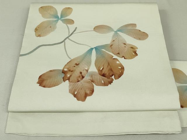 【名古屋帯】作家物 蔦の葉に実模様　塩瀬 白地 正絹 アンティーク 他まとめ 名古屋帯】作家物 蔦の葉に実模様 塩瀬 白地 正絹 美品 アンティーク