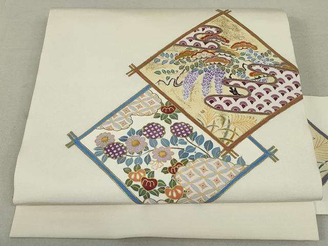 平和屋着物●塩瀬　九寸名古屋帯　手描き　色紙重ね吉祥花松文　金彩　正絹　逸品　DAAT0502ob