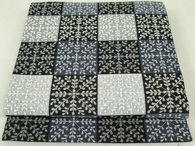 平和屋着物●両面　六通柄袋帯　市松枝葉文　銀糸　正絹　逸品　DAAT0513ob