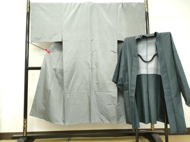 平和屋着物●男性　紬　羽織セット　灰青×褐返　京都きもの友禅扱い　正絹　逸品　DAAT1056tw
