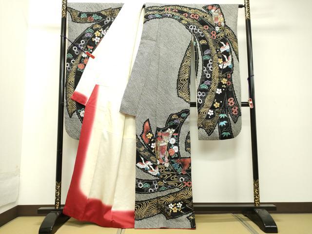 振袖 豪華 金彩 総絞り 束ね熨斗文様 身丈160cm 平和屋着物○豪華振袖 総絞り 束ね熨斗御所車飛鶴花文 黒地