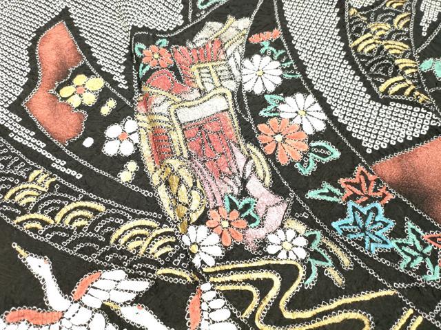 平和屋着物○豪華振袖 総絞り 束ね熨斗御所車飛鶴花文 黒地