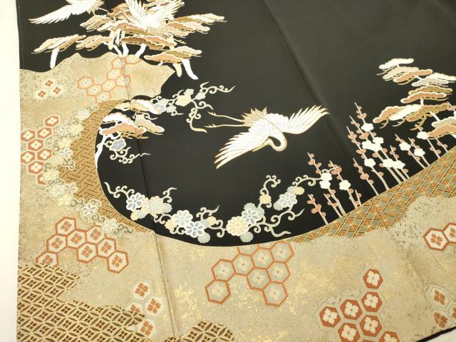 平和屋着物●豪華黒留袖　作家物　駒刺繍　松竹梅扇面花文　暈し染め　金彩　正絹　逸品　AABC9706ph 平和屋着物□豪華黒留袖 駒刺繍 松竹梅鏡裏飛鶴花文