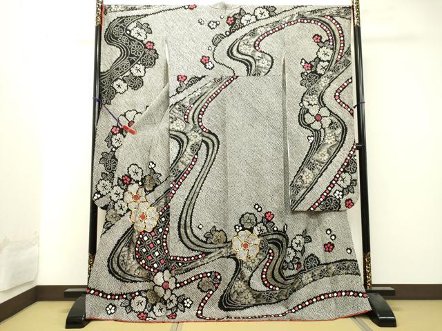 平和屋着物●豪華振袖　総絞り　駒刺繍　流水舞花文　黒地　金彩　正絹　逸品　DAAT1063tｗ