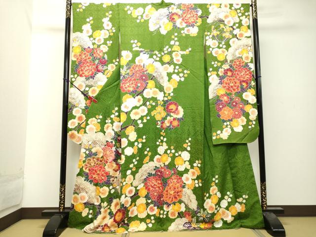 平和屋着物●豪華振袖　駒刺繍　枝花文　金糸　正絹　逸品　DAAT1067tw