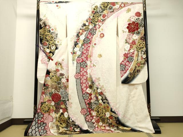 平和屋着物●ブライダルファッションデザイナー・桂由美　振袖　飛鶴草花文　暈し染め　金銀彩　正絹　逸品　DAAT1069tw