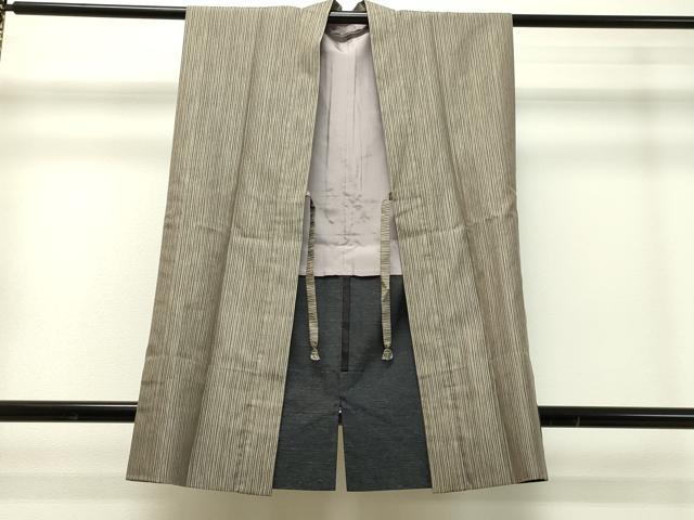 平和屋着物○男性 お召 アンサンブル 袖無し羽織セット 縞 正絹 逸品  