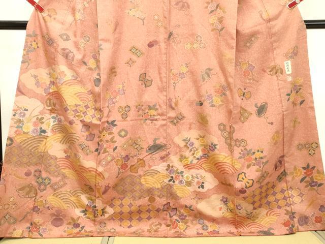 平和屋着物○訪問着 作家物 紬地 刺繍 雲取り宝尽くし花文