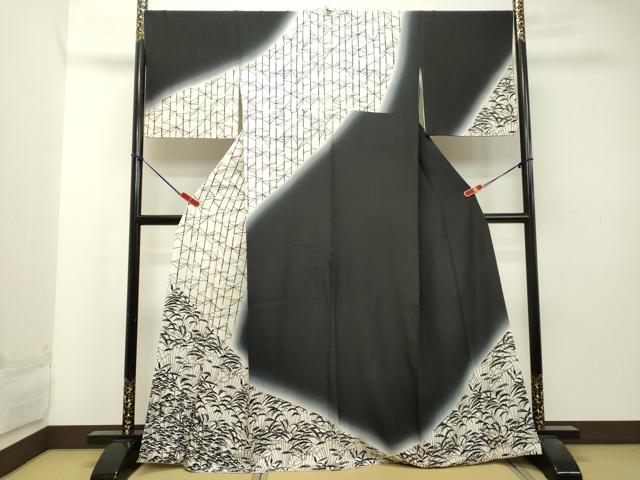 平和屋着物●訪問着　型染め　草葉文　暈し染め　黒地　正絹　逸品　DAAT1165tw