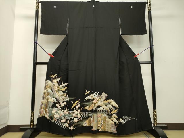 平和屋着物□豪華黒留袖 駒刺繍 飛鶴花文 暈し染め