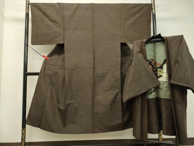 平和屋着物●男性　紬　アンサンブル　赤墨色　正絹　逸品　DAAT1238tw