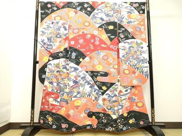 平和屋着物●豪華振袖　型染め　風景文　正絹　逸品　DAAT1254tw