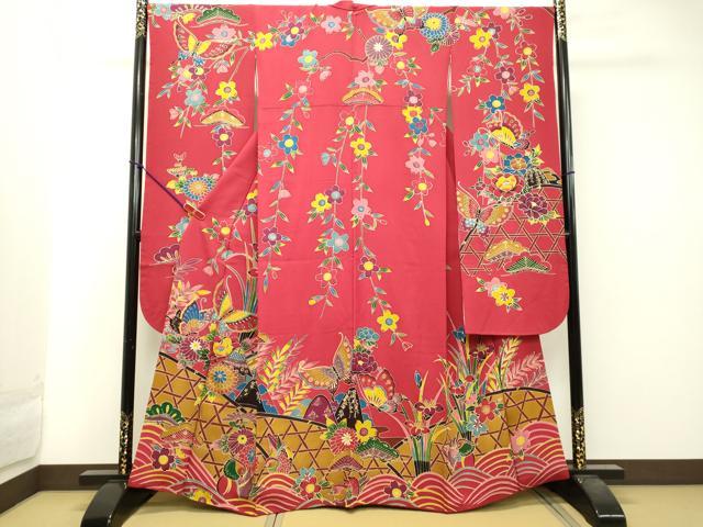 平和屋着物●豪華振袖　型染め　風景花鳥文　正絹　逸品　DAAT1288tw