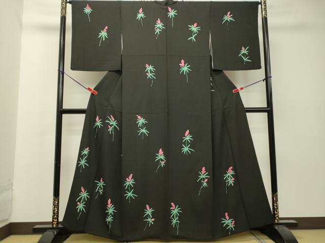 平和屋着物●訪問着　ろうけつ染め　草花文　黒地　正絹　逸品　DAAT1378tw