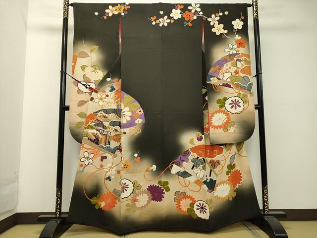 平和屋着物●アンティーク　大正ロマン　振袖　刺繍　檜扇御所車花松文　暈し染め　金彩　正絹　逸品　DAAT1394tw