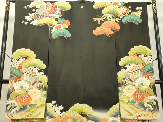 平和屋着物○アンティーク 大正ロマン 振袖 駒刺繍 地紙草花文 金糸 正絹