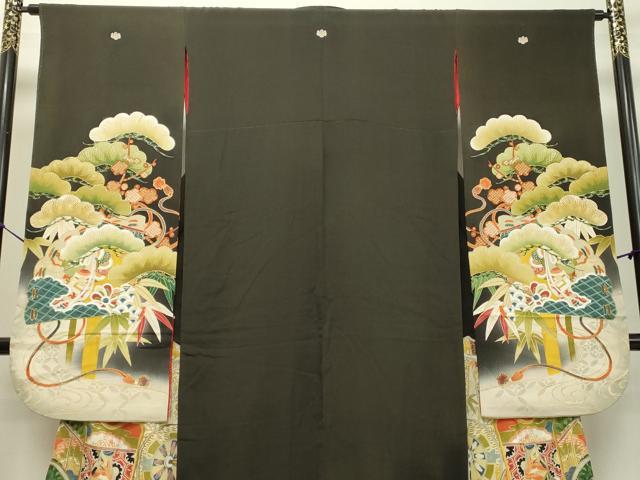 平和屋着物○アンティーク 大正ロマン 振袖 両褄 駒刺繍 御所車文 暈し