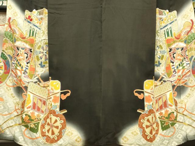 平和屋着物○アンティーク 大正ロマン 振袖 両褄 駒刺繍 御所車文 暈し