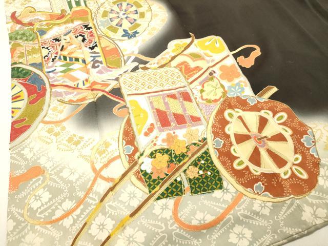 平和屋着物○アンティーク 大正ロマン 振袖 両褄 駒刺繍 御所車文 暈し