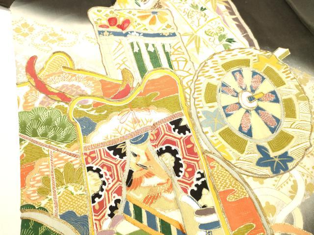 平和屋着物○アンティーク 大正ロマン 振袖 両褄 駒刺繍 御所車文 暈し