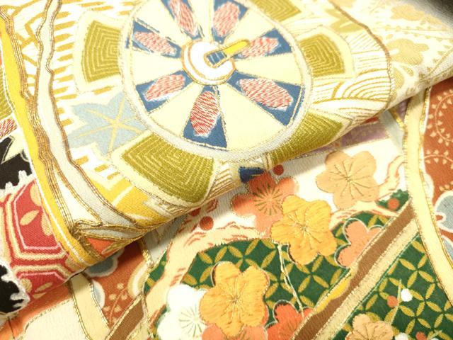 平和屋着物○アンティーク 大正ロマン 振袖 両褄 駒刺繍 御所車文 暈し