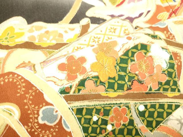 平和屋着物○アンティーク 大正ロマン 振袖 両褄 駒刺繍 御所車文 暈し