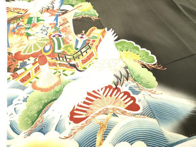 平和屋着物○アンティーク 大正ロマン 黒留袖 駒刺繍 飛鶴宝船 金糸 金彩