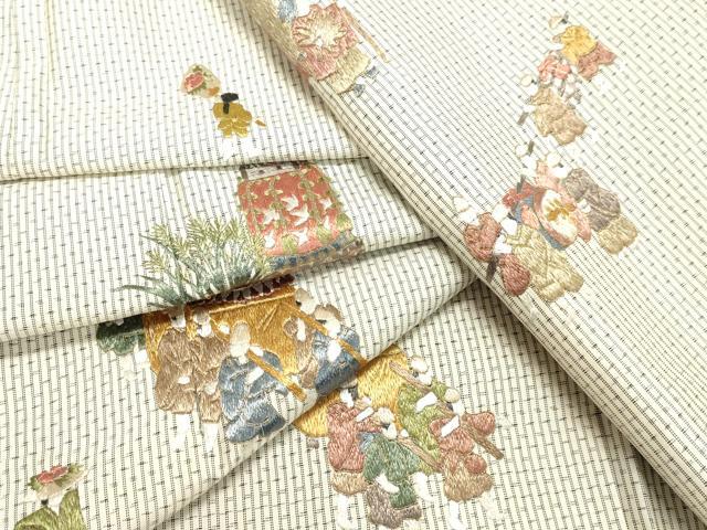 平和屋着物●本場縞大島紬　訪問着　総刺繍　人物文　金銀糸　正絹　逸品　DAAT1453tw 平和屋着物○本場縞大島紬 訪問着 総刺繍 人物文 金銀糸 正絹