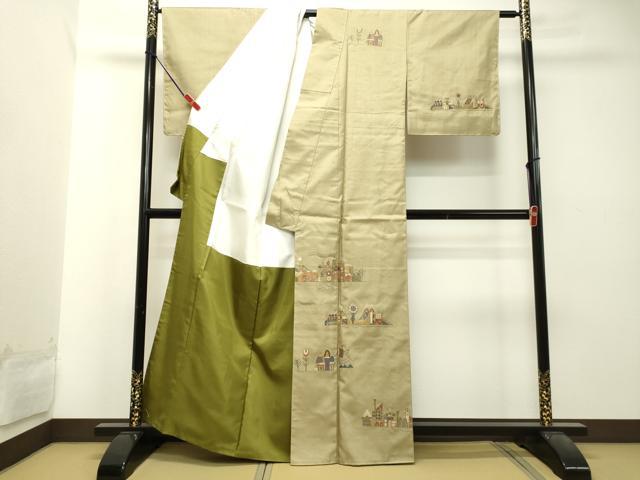 平和屋着物●訪問着　紬地　総刺繍　風景文　金糸　正絹　逸品　DAAT1457tw 平和屋着物○訪問着 紬地 総刺繍 風景文 金糸 正絹 逸品 DAAT1457tw