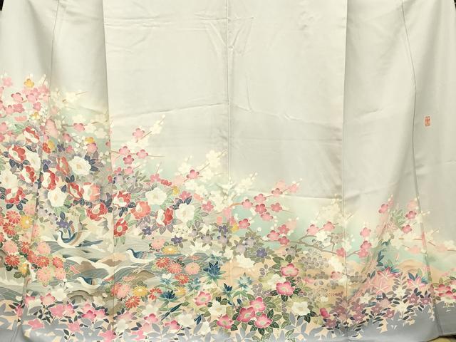 平和屋着物○訪問着 友禅 作家物 流水花鳥文 暈し染め 正絹 逸品