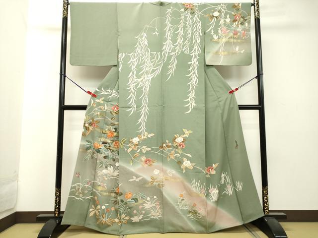 平和屋着物●訪問着　作家物　枝垂れ柳枝花文　暈し染め　金銀彩　正絹　逸品　DAAT1470tw