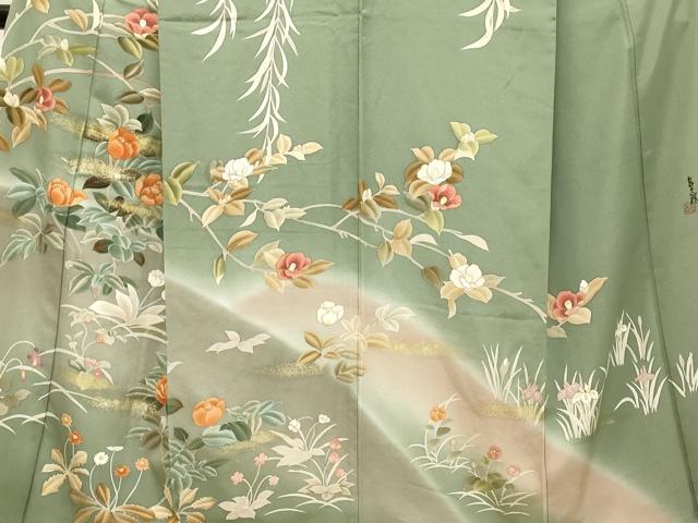 平和屋着物○訪問着 作家物 枝垂れ柳枝花文 暈し染め