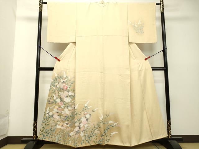 平和屋着物●訪問着　友禅　鴛鴦草花文　たたき染め　正絹　逸品　DAAT1477tw