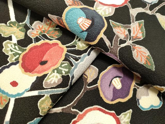 平和屋着物●上質な小紋　型染め　枝椿　黒地　正絹　逸品　DAAT1485tw