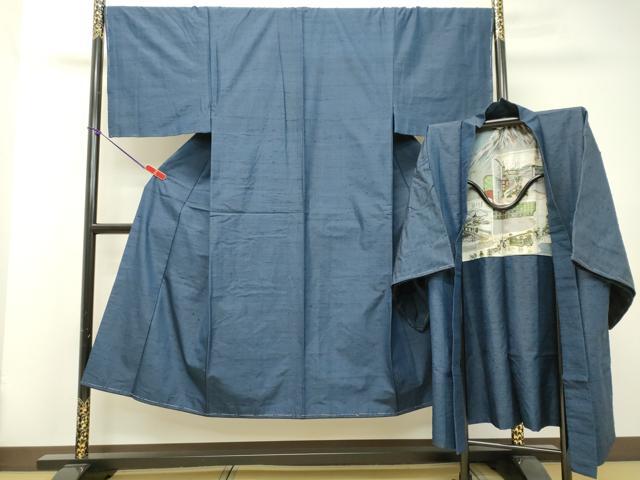 平和屋着物●男性　紬　アンサンブル　青藍色　正絹　逸品　DAAT1511tw