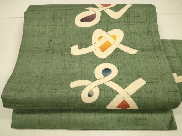 平和屋着物●九寸名古屋帯　生紬　型染　抽象文様　正絹　逸品　DAAT1713cm