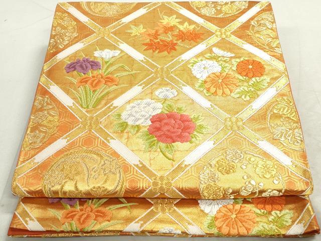 平和屋着物●西陣河村織物謹製・手織り　六通柄袋帯　唐織　歌楽殿　天井草花文　金銀糸　正絹　逸品　DAAT2330qa