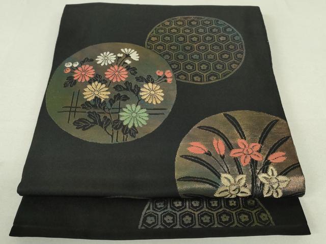 平和屋着物●六通柄　本袋帯　亀甲草花丸文　黒地　金糸　引箔　正絹　逸品　DAAT7654ob