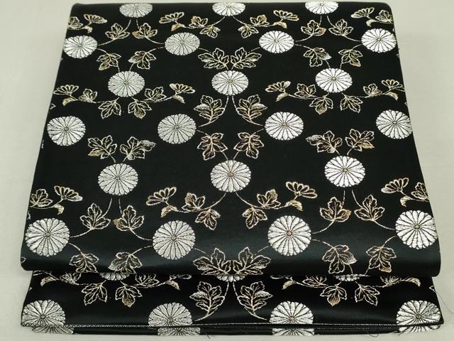平和屋着物●西陣　六通柄袋帯　舞菊文　黒地　金銀糸　証紙付き　正絹　逸品　DAAT7704ob 平和屋着物○西陣 六通柄袋帯 舞菊文 黒地 金銀糸 証紙